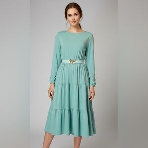 Pleated Tiered Long Sleeve Midi Dress in Mint Green